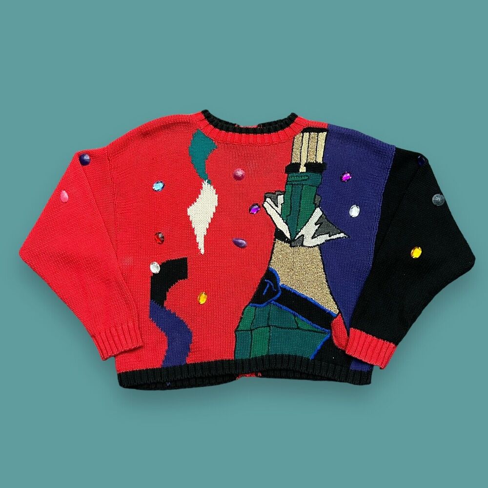 Vintage 80s Cardigan Sweater Champagne Bottle Glass OSFA Chunky Knit Womens